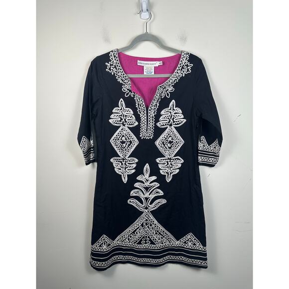 Gretchen Scott Cotton Sheath Dress Size Small Embroidered Black and White - Picture 1 of 7